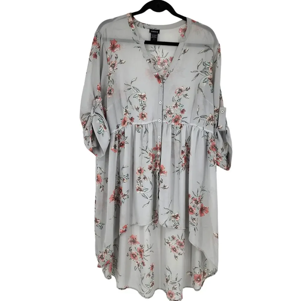 Torrid Lexie Sheer Button Front Floral Tie Tab Sleeve Babydoll Tunic Top Size 2X
